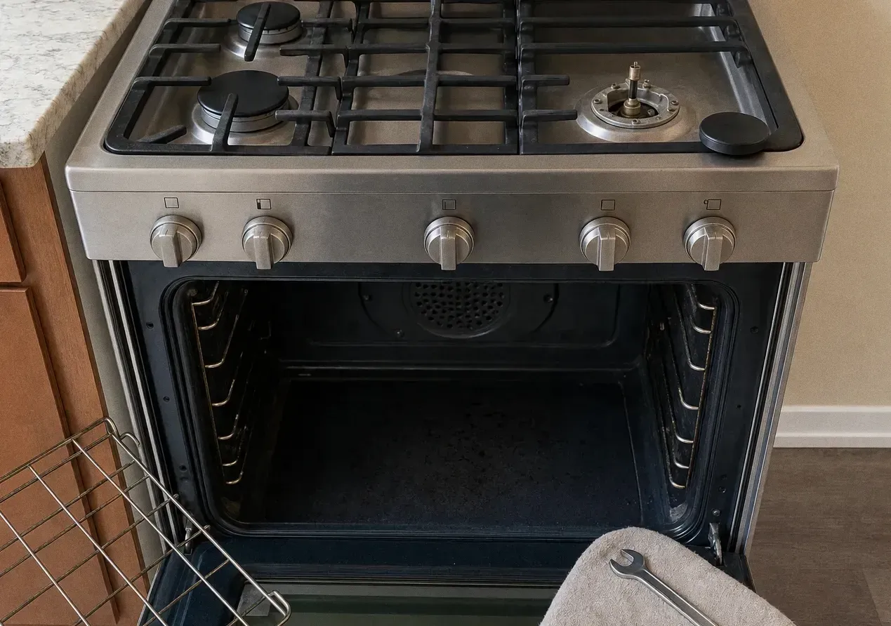 Stainless range in pale cabinetry with the oven door open, a rack leaning at the left of the empty cavity and a towel folded over the door