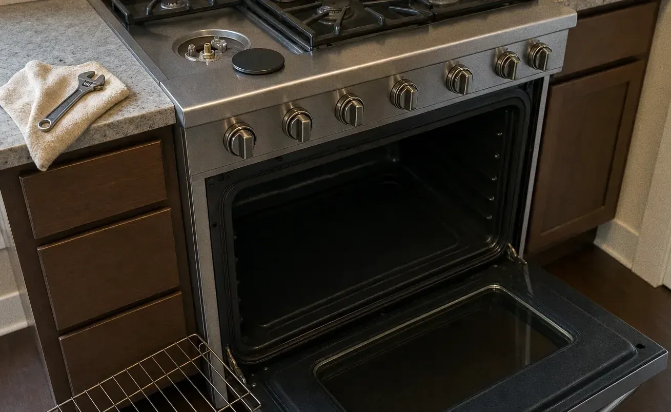 Rangetop with the cast-iron grates lifted clear of the burners and the oven door open below, a towel draped over the counter